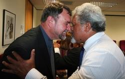 New Northland Regional Council CEO Malcolm Nicholson, left, is greeted by kaumatua Te Warihi Hetaraka during today's powhiri in Whangarei.